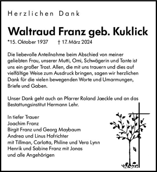 Traueranzeige von Waltraud Franz von Dill Block