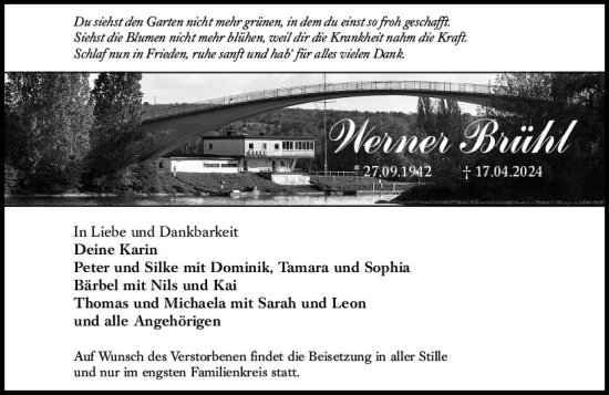 Traueranzeige von Werner Brühl von Wiesbadener Kurier