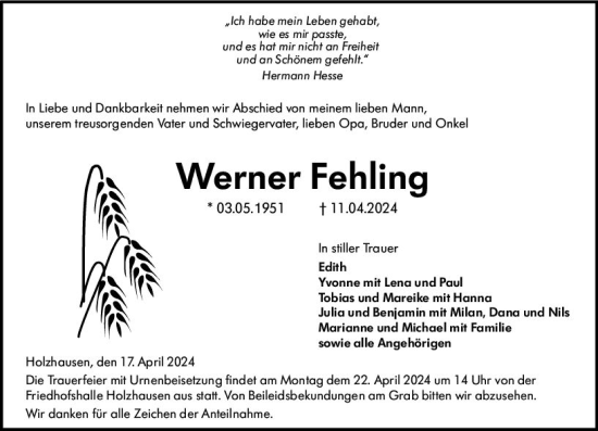 Traueranzeige von Werner Fehling von Wetzlarer Neue Zeitung