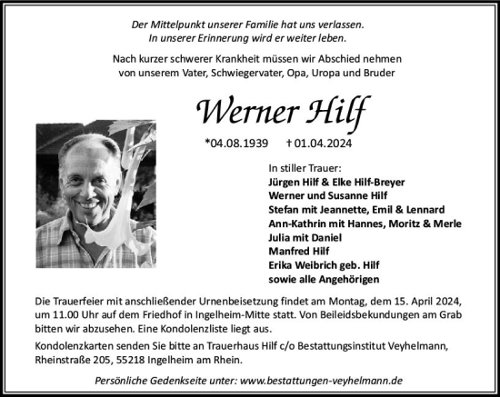 Traueranzeige von Werner Hilf von Allgemeine Zeitung Bingen/Ingelheim