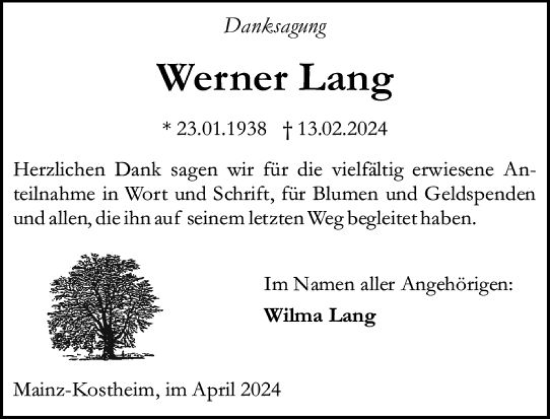 Traueranzeige von Werner Lang von Allgemeine Zeitung Mainz