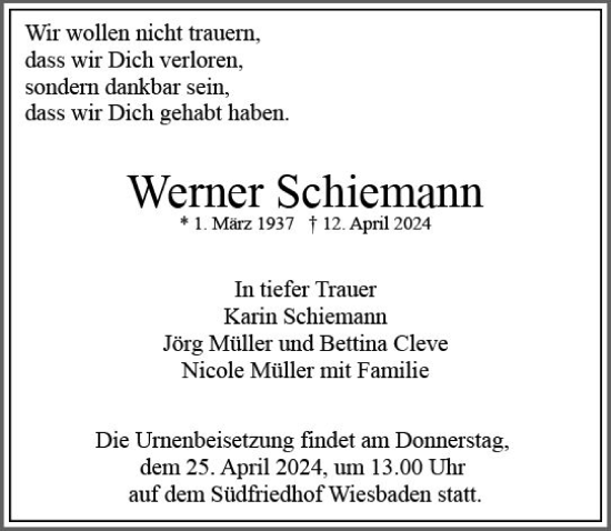 Traueranzeige von Werner Schiemann von Wiesbadener Kurier