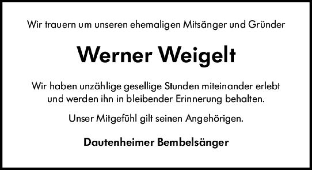  Traueranzeige für Werner Weigelt vom 17.04.2024 aus Allgemeine Zeitung Alzey