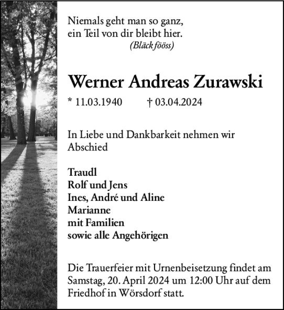  Traueranzeige für Werner Andreas Zurawski vom 13.04.2024 aus Idsteiner Land/Untertaunus