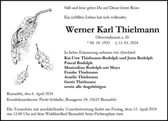 Traueranzeige von Werner Karl Thielmann von Weilburger Tageblatt