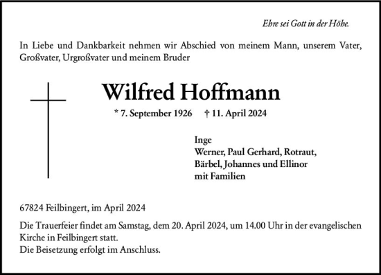 Traueranzeige von Wilfred Hoffmann von Allgemeine Zeitung Bad Kreuznach