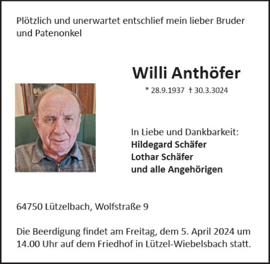 Traueranzeige von Willi Anthöfer von Odenwälder Echo