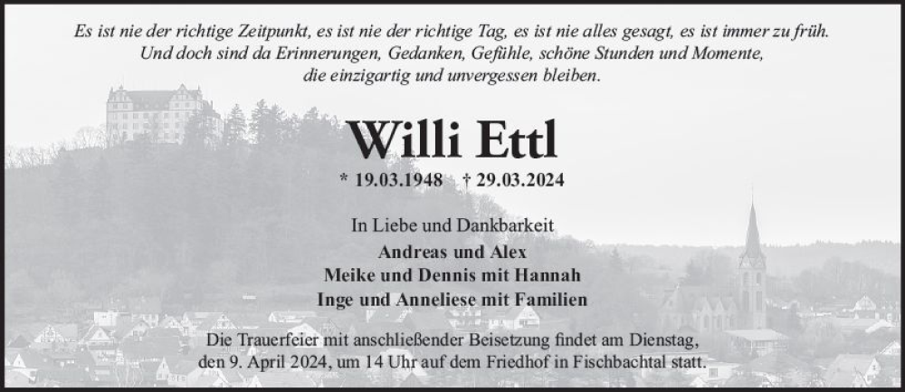  Traueranzeige für Willi Ettl vom 06.04.2024 aus Darmstädter Echo