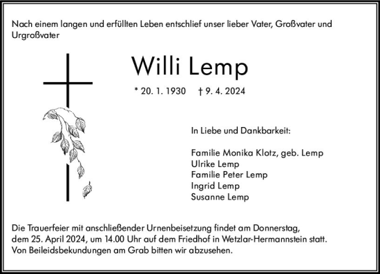 Traueranzeige von Willi Lemp von Wetzlarer Neue Zeitung