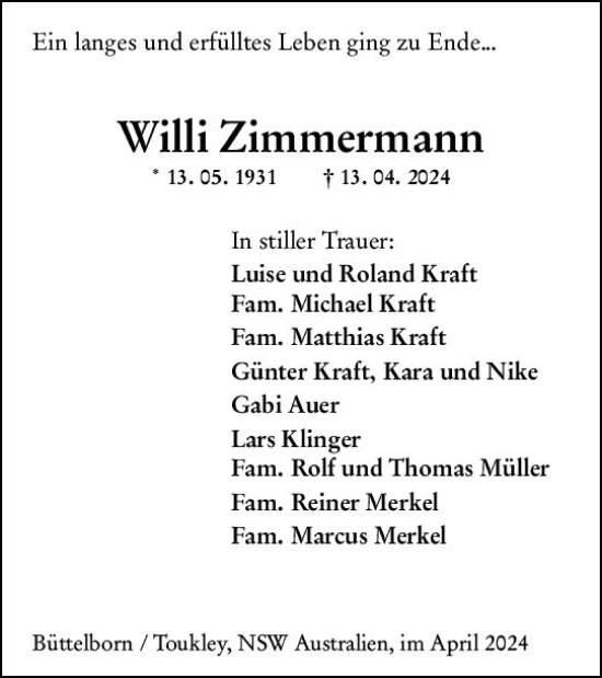 Traueranzeige von Willi Zimmermann von Groß-Gerauer Echo
