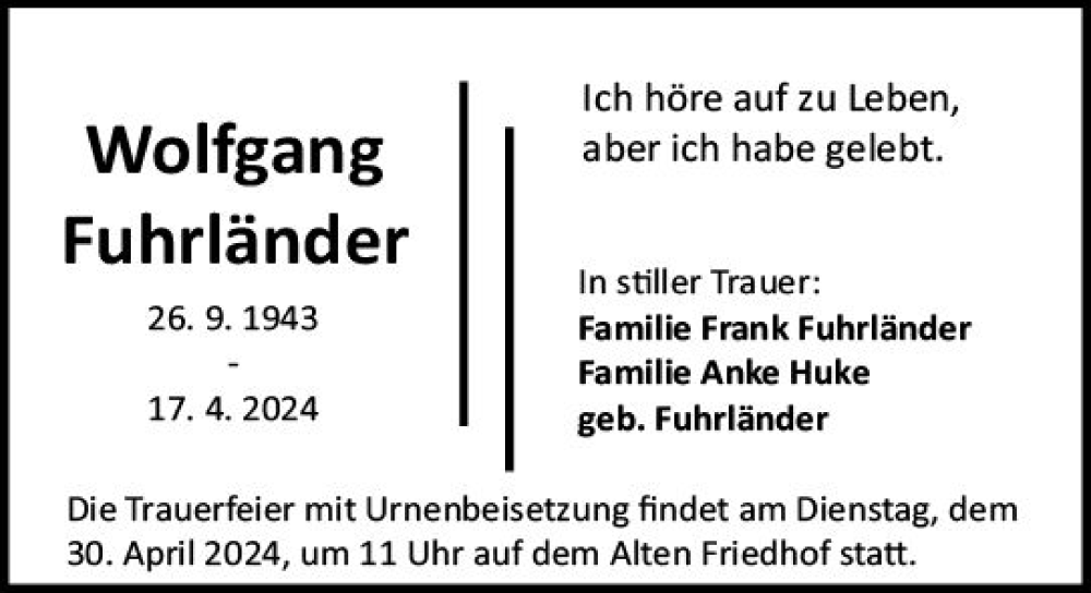  Traueranzeige für Wolfgang Fuhrländer vom 20.04.2024 aus Darmstädter Echo