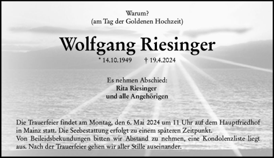 Traueranzeige von Wolfgang Riesinger von Allgemeine Zeitung Mainz