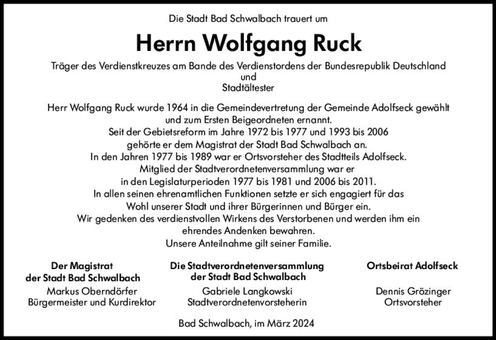  Traueranzeige für Wolfgang Ruck vom 06.04.2024 aus Idsteiner Land/Untertaunus