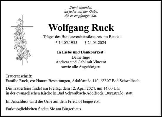 Traueranzeige von Wolfgang Ruck von Wiesbadener Kurier