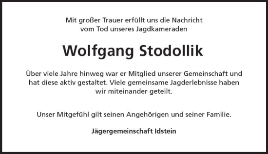 Traueranzeige von Wolfgang Stodollik von Idsteiner Land/Untertaunus