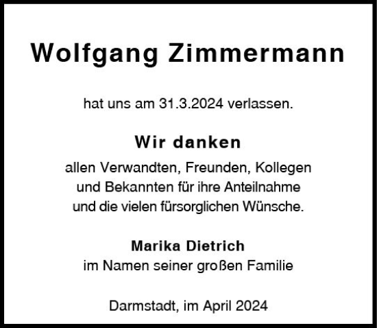 Traueranzeige von Wolfgang Zimmermann von Darmstädter Echo
