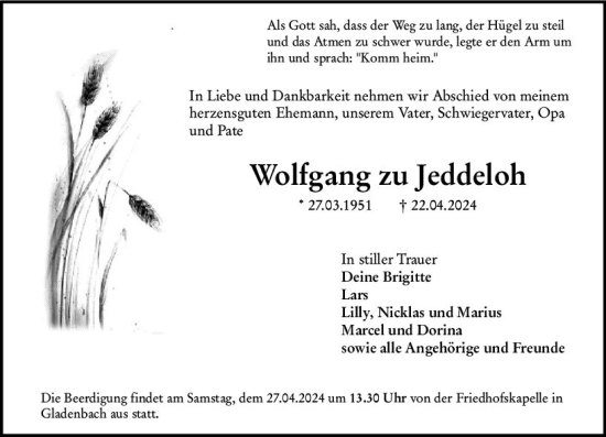 Traueranzeige von Wolfgang zu Jeddeloh von Hinterländer Anzeiger