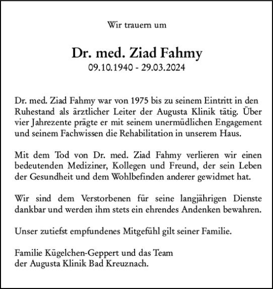 Traueranzeige von Ziad Fahmy von Allgemeine Zeitung Bad Kreuznach
