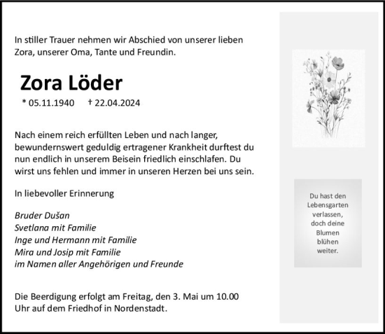 Traueranzeige von Zora Löder von Wiesbadener Kurier
