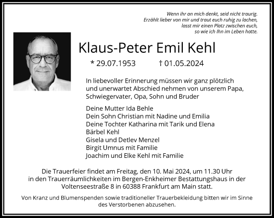 Traueranzeige von Klaus-Peter Emil Kehl von Rüsselsheimer Echo