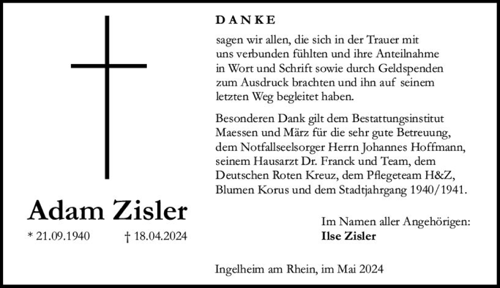  Traueranzeige für Adam Zisler vom 25.05.2024 aus Allgemeine Zeitung Bingen/Ingelheim