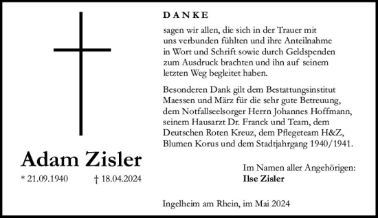 Traueranzeige von Adam Zisler von Allgemeine Zeitung Bingen/Ingelheim