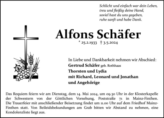 Traueranzeige von Alfons Schäfer von Allgemeine Zeitung Mainz