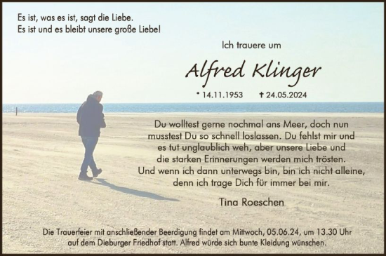 Traueranzeige von Alfred Klinger von Dieburger Anzeiger/Groß-Zimmerner Lokal-Anzeiger