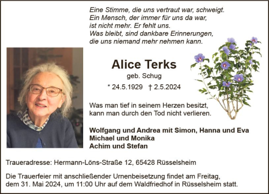 Traueranzeige von Alice Terks von Rüsselsheimer Echo