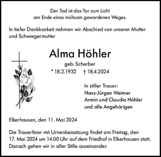 Traueranzeige von Alma Höhler von Weilburger Tageblatt