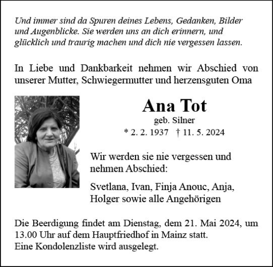 Traueranzeige von Ana Tot von Allgemeine Zeitung Mainz