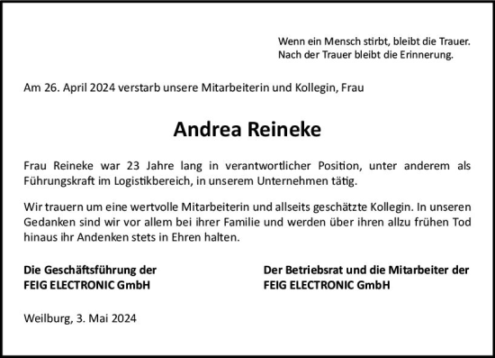 Traueranzeige von Andrea Reineke von Weilburger Tageblatt