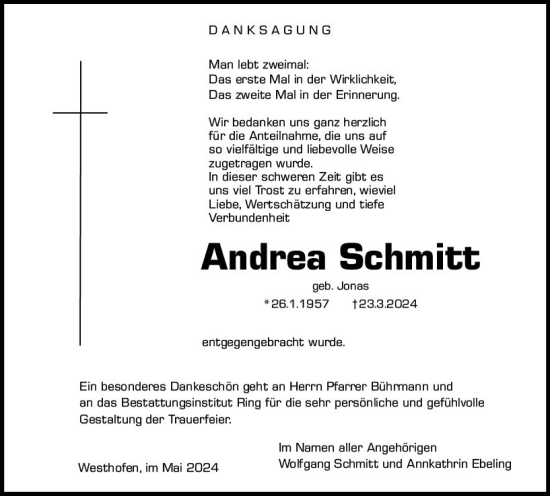 Traueranzeige von Andrea Schmitt von Wormser Zeitung