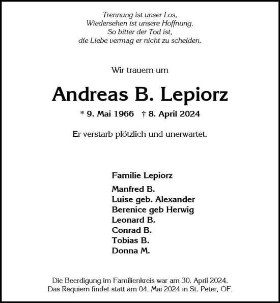 Traueranzeige von Andreas B. Lepiorz von Wiesbadener Kurier