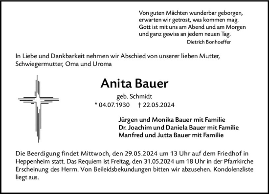 Traueranzeige von Anita Bauer von Starkenburger Echo