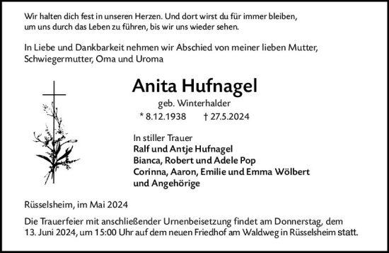 Traueranzeige von Anita Hufnagel von Rüsselsheimer Echo