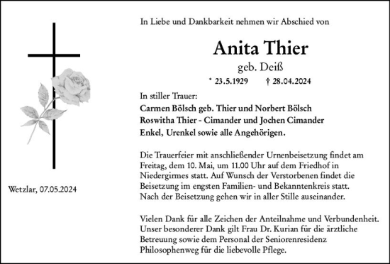 Traueranzeige von Anita Thier von Wetzlarer Neue Zeitung