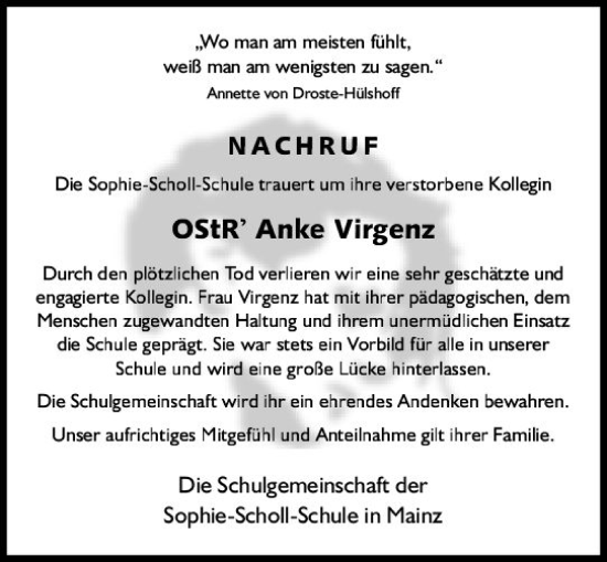 Traueranzeige von Anke Virgenz von Allgemeine Zeitung Mainz