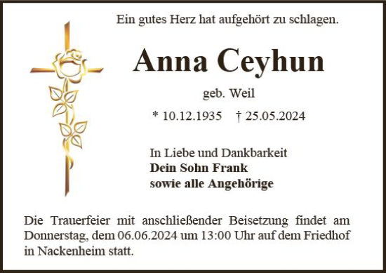 Traueranzeige von Anna Ceyhun von Allgemeine Zeitung Mainz