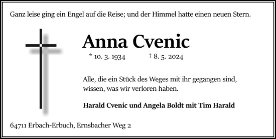Traueranzeige von Anna Cvenic von Odenwälder Echo