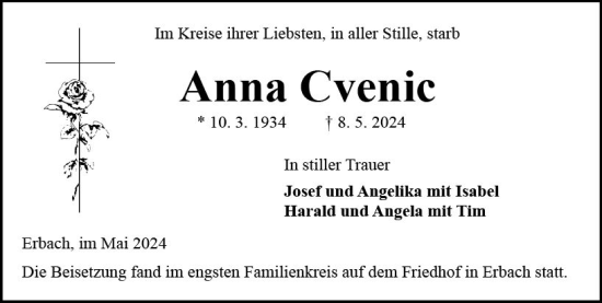 Traueranzeige von Anna Cvenic von Odenwälder Echo
