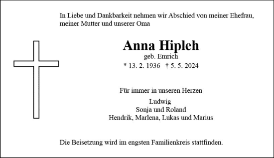 Traueranzeige von Anna Hipleh von Allgemeine Zeitung Mainz