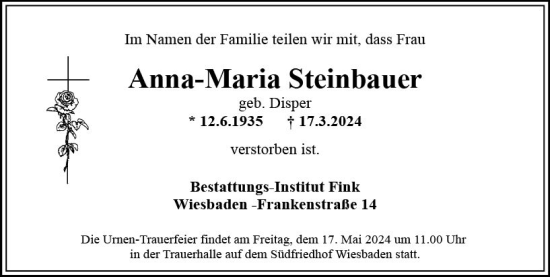 Traueranzeige von Anna-Maria Steinbauer von Wiesbadener Kurier