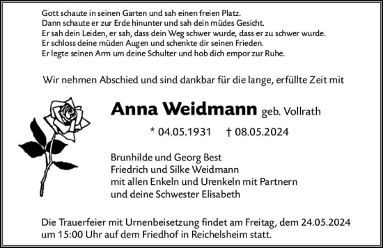Traueranzeige von Anna Weidmann von Odenwälder Echo
