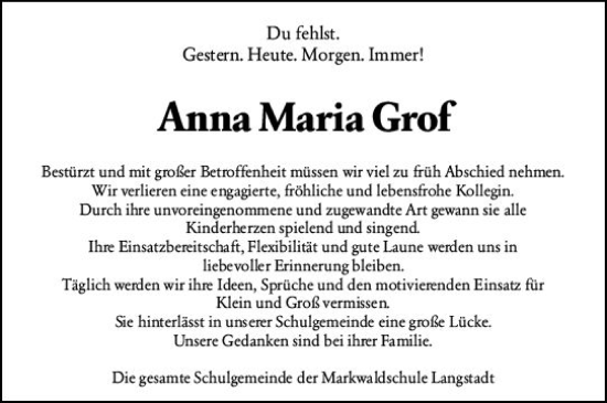 Traueranzeige von Anna Maria Grof von Darmstädter Echo