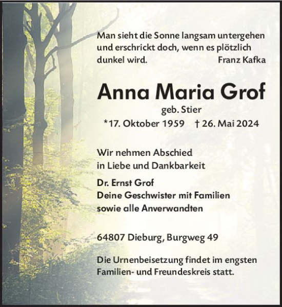 Traueranzeige von Anna Maria Grof von Darmstädter Echo