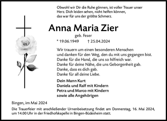 Traueranzeige von Anna Maria Zier von Allgemeine Zeitung Bingen/Ingelheim