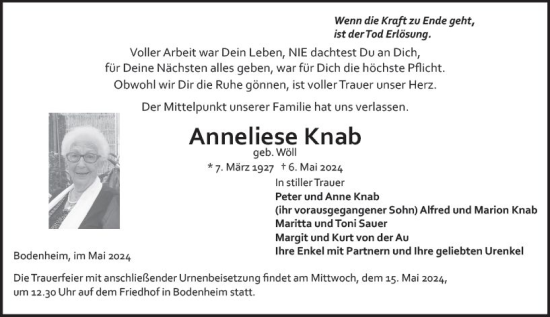 Traueranzeige von Anneliese Knab von Allgemeine Zeitung Mainz