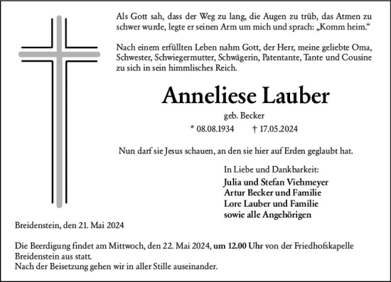 Traueranzeige von Anneliese Lauber von Hinterländer Anzeiger