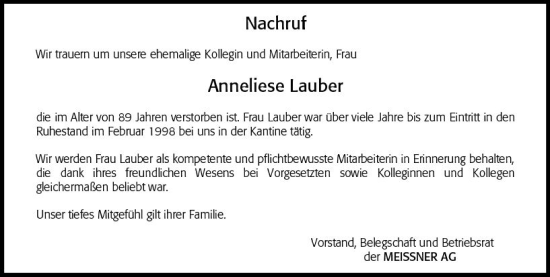 Traueranzeige von Anneliese Lauber von Hinterländer Anzeiger